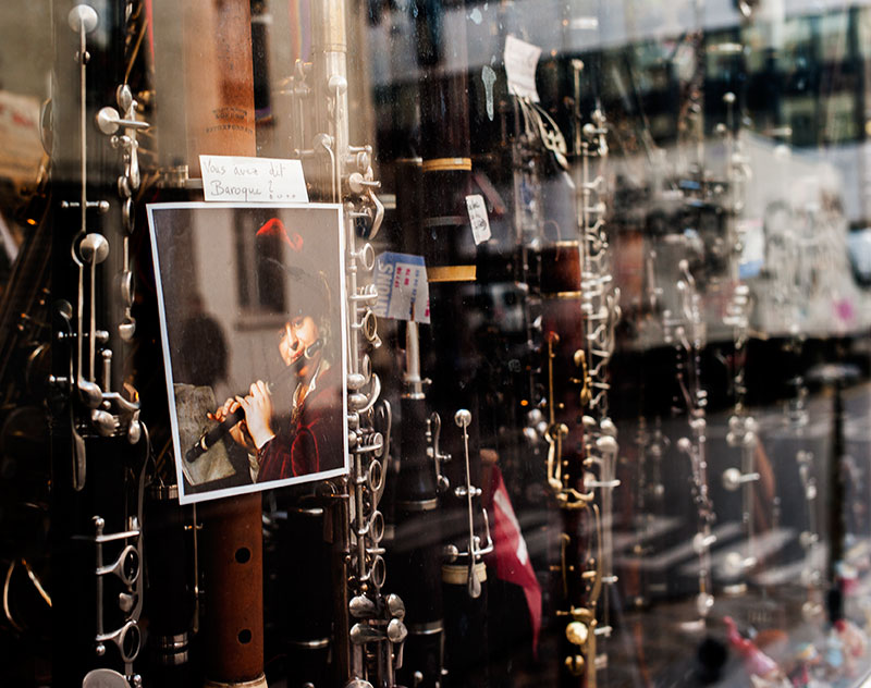 A flute shop window in the Haut Marais, Paris, 2011.