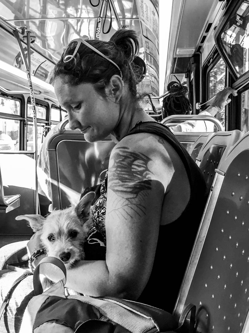 A woman sat with a dog on the bus in downtown Oakland, California, in 2017.