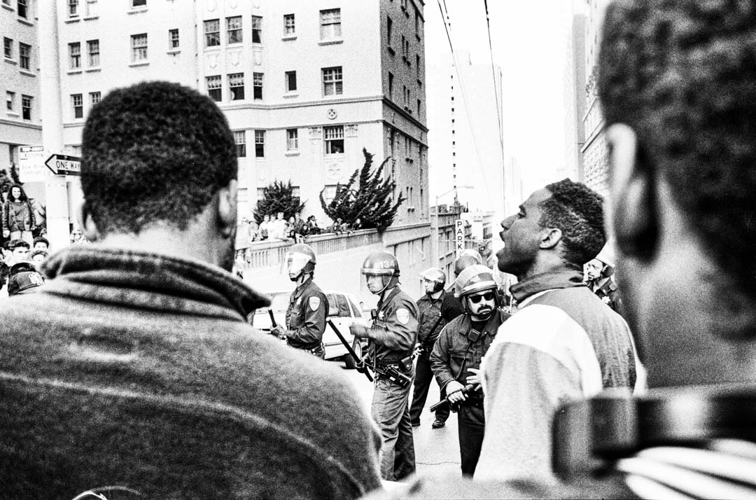 Protesters confront police after acquittal of Los Angeles policemen in Rodney King beating, San Francisco, 1992
