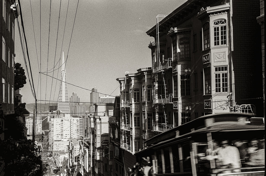 A cable car climbs Jackson Street, Nob Hill, San Francisco, in 1991. 1991