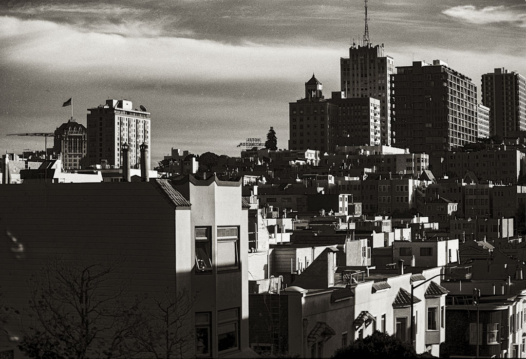 San Francisco's Nob Hill skyline as seen at sunset in 1991.