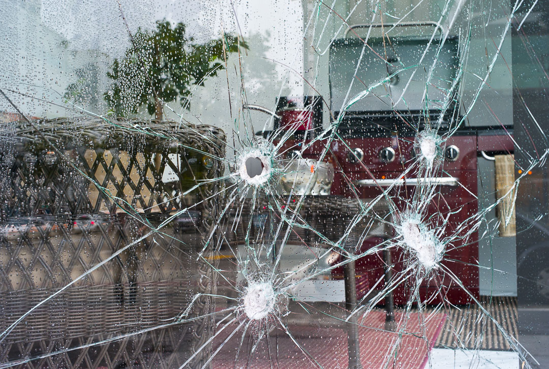 Store window in downtown Oakland, California, in 2009 in the aftermath of a protest following the acquittal of a police officer involved in the shooting of Oscar Grant.